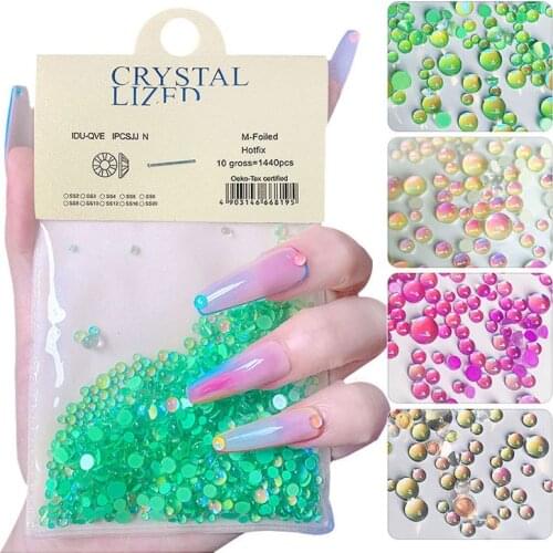 1440pcs Mocha Aurora Mermaid Beads Flat Bottom Nail Art Rhinestone Crystal Set With Tweezers Manicure Accessories