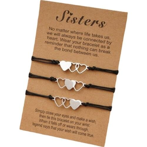 3 Pcs Matching Heart Sister Card Bracelet Stainless Steel Handmade Braided Charm Bracelet Friendship Jewelry Gifts