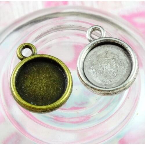 60pcs Antique Bronze Plated 12mm DOUBLE SIDED Base Settings Antique Silver Plated Round Blank Cameo Charm Pendant Tray