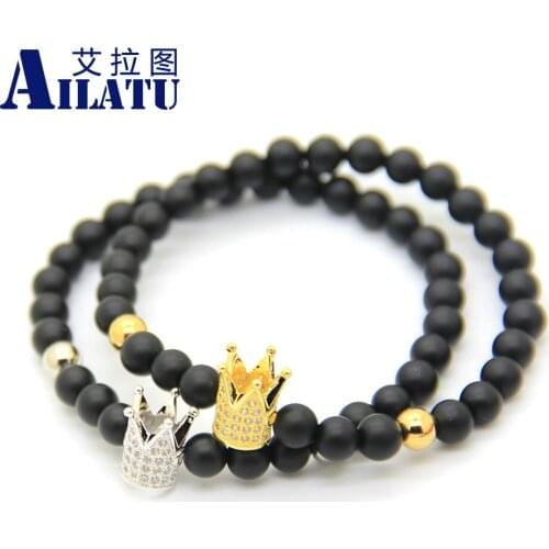 Ailatu High Grade Jewelry Made by 6mm Matte Stone and Plated Brass CZ Crown Beads Bracelet