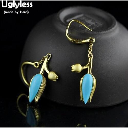 Uglyless Bohemia Turquoise Tulip Flower Earrings for Women 925 Sterling Silver Gemstones Brincos Bijoux Floral Earrings E1713