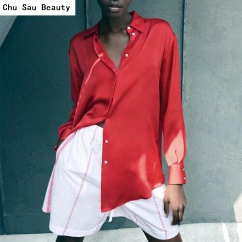 Chu Sau Beauty 2021 Womens New Silk Texture Shirt Early Autumn Fashion Single-Breasted Lapel loose Elegant Red Blouse