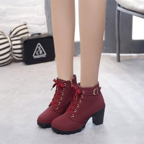 Women ankle boots autumn women shoes high heels 8 cm lace-up zipper women boots botas de mujer plus size 42 NVX254