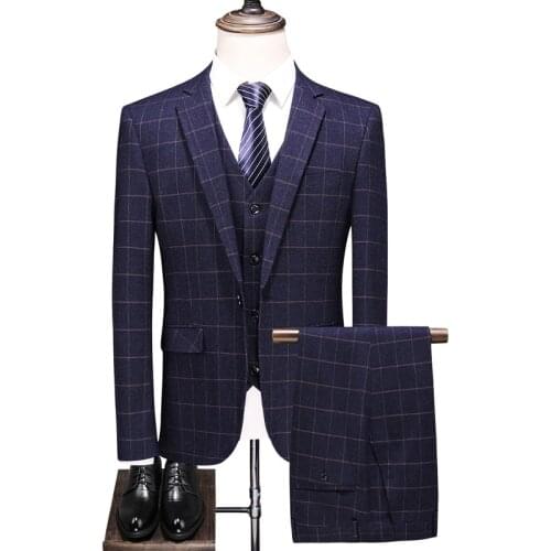 Pants + Blazers + Vest Mens Suits Plaid Wedding Banquet Gentleman Dress Men Fashion Business Hot Sales Slim Comfort Coat