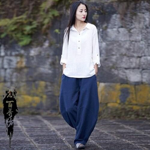 Summer Cotton Linen Women Ramie Lantern Wide Pants Casual Long Loose Flare Pants Elastic Waist Chinese Style Trousers Hot Sale