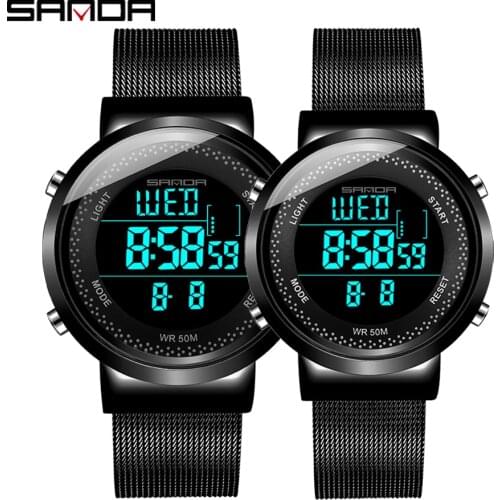 SANDA Luxury Brand New Black Mesh Belt Mens Electronic Watch Simple Trend 50M Waterproof Wristwatches Women Couple Watches