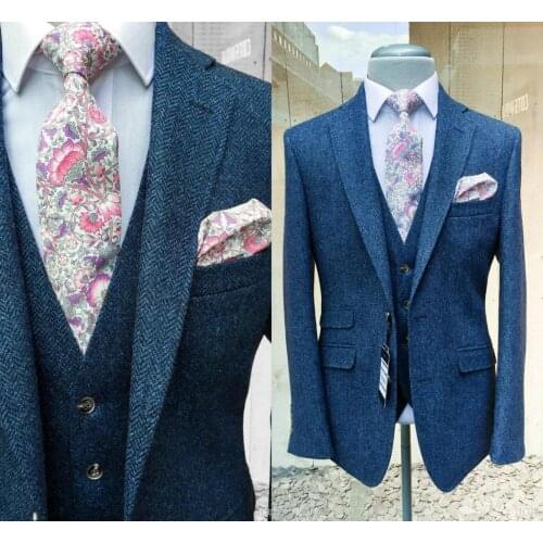 Formal Occasion Dress Mens Suits 3 Pieces Mens British Wool Blue Tweed Suit Jacket Vest Pants Custom Made Top Wedding Tuxedos