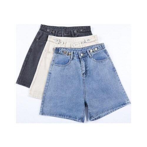 Blue Denim Shorts New Summer Women High Waist Button Wigh Leg Crimping Jeans Shorts Casual Female Loose Fit Shorts