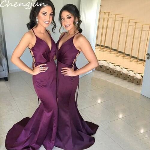 Chengjun Spaghetti Strap Purple Sexy Plus Size Long Mermaid Bridesmaid Dresses