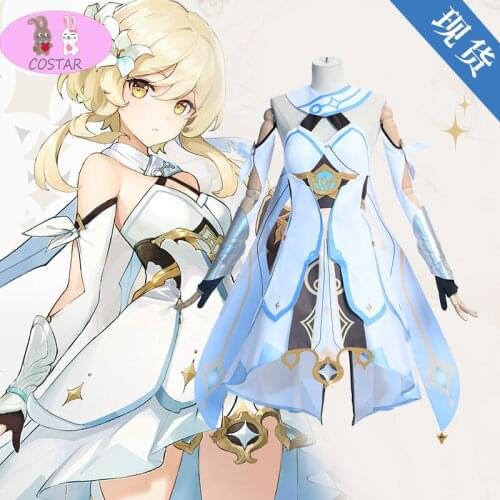 Genshin Impact Cosplay Costume Traveler Lumine Cosplay Costume Women White Costume Halloween Dress Stocking Belt Suit