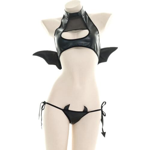 Jimiko Kawaii Anime Underwear Cosplay Devil Costume Sexy Lingerie Set Leather Wings Micro Bikini Open Bra Crop+Panty Sex Uniform