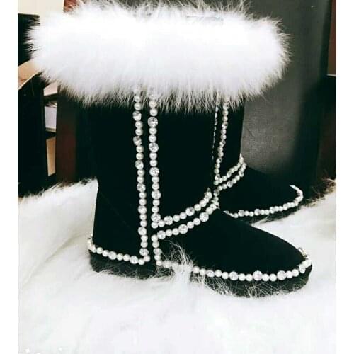 Oversized fox fur and pearl high-top leather snow boots