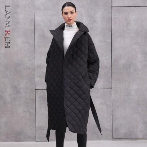 LANMREM black with adjustable waist turn-down collar all-match winter over teh knee fashion tide down jacket for female 2A1562