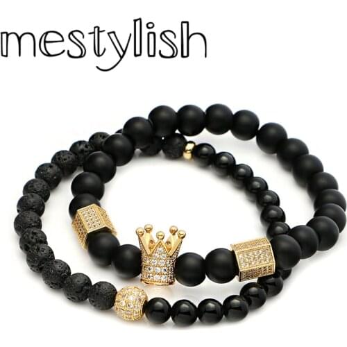 Mestylish 2pcs/set Crown Bracelet 8mm/6mm Natural Stone Onyx Lava Flash Beads Bracelet Micro Pave Zircon Ball Bracelet Jewelry