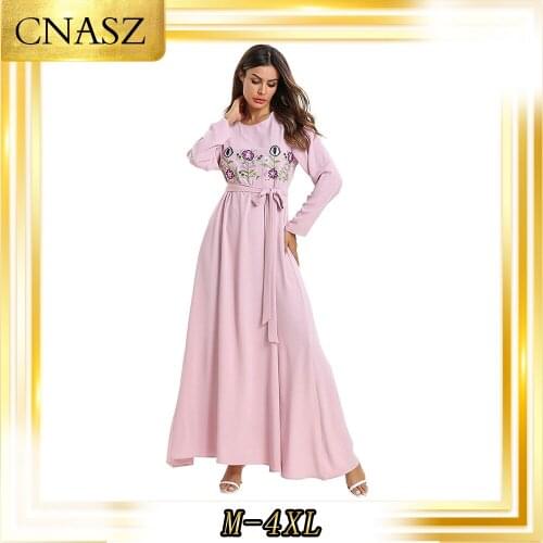 Muslim Dress Fashion Long-Sleeved Large Size Womens Solid Color Stitching Embroidered Long Skirt With Robe Dress