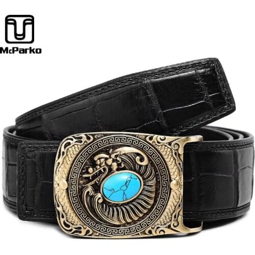 McParko Men Belt Luxury Brand Genuine Crocodile Leather Belt Vintage Chinese Style Waist Belt For Jeans Elegant Brass Buckle