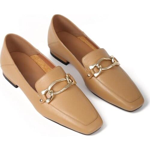 Korean Spring New Hot Style Chain Ladies Loafers Square Toe High Quality Cowhide Low Heels Womens Single Shoes