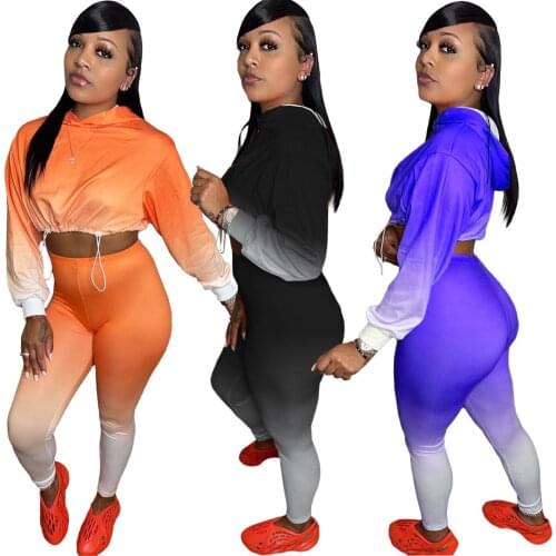 Autumn Women Two Piece Set Gradient Color Hooded Shirt And Long Pants Loose Tracksuit Matching Set For Women Outfit