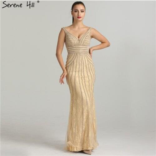 Sexy V-neck Backless Crystal Lace Mermaid Evening Dresses 2020 New Arrival Floor Length Arabic Party Gowns BLA6417