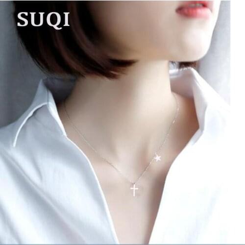 SUQI stainless steel Tiny Heart Necklace for Women SHORT Chain Heart star Pendant Necklace Gift Bohemian Choker Necklace drop