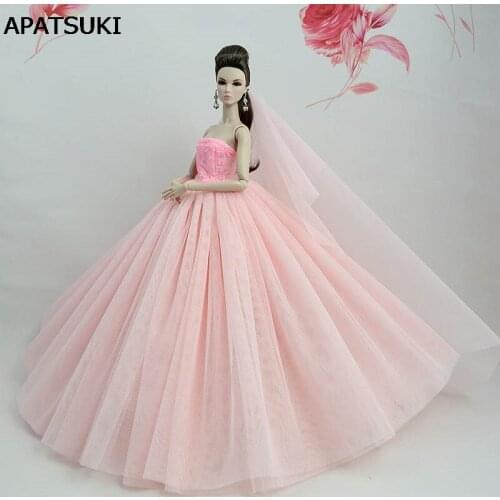 Light Pink Doll Dress For Barbie Doll High Quality Long Tail Evening Gown Clothes Wedding Dress +Veil 1/6 Doll Accessories