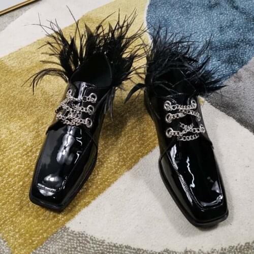 New Black Patent Leather Pumps Women High Quality Square Toe Ladies Shoes Chain Metal Decoration High Heels Zapatos De Mujer