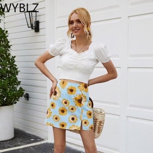 WYBLZ Women Summer Elegant Small Daisy Print Short Skirt Sexy High Waist Split Mini Skirt Vintage Zipper Skirt High Street