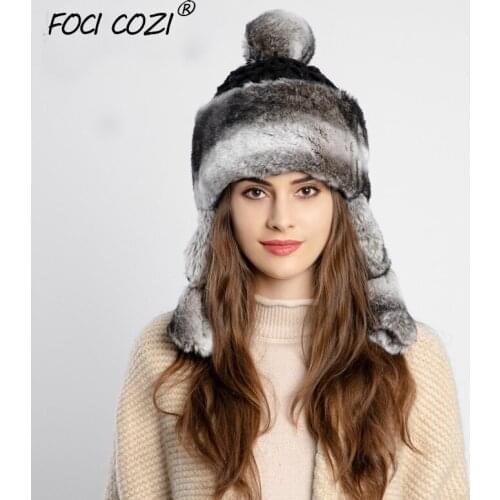 Faux Fur Womens Hat 2019 High Quality Winter Knitted Hats Women Warm Cotton Knitted Fur Crochet Hat Ear Flaps Gradient