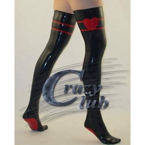 Crazy club_ pure natural latex handmade black and red heart latex stockings womens sexy latex stocking latex sheet Fast Delivery