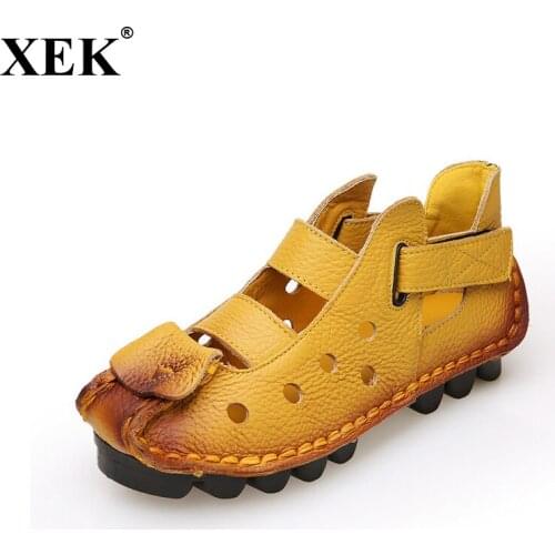 XEK 2018 Summer New Soft Bottom Flat Genuine Leather Women Shoes Personality Leisure Women Sandals Retro Handmade Sandals WFQ34
