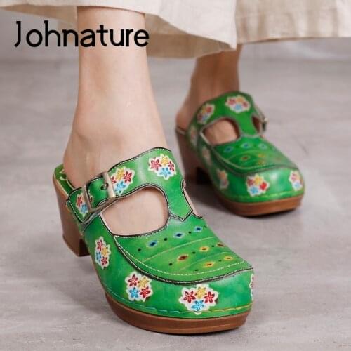 Johnature Summer Women Slippers Genuine Leather Shoes 2021 New Hand-painted Outside Slides Wedges Handmade Concise Slippers