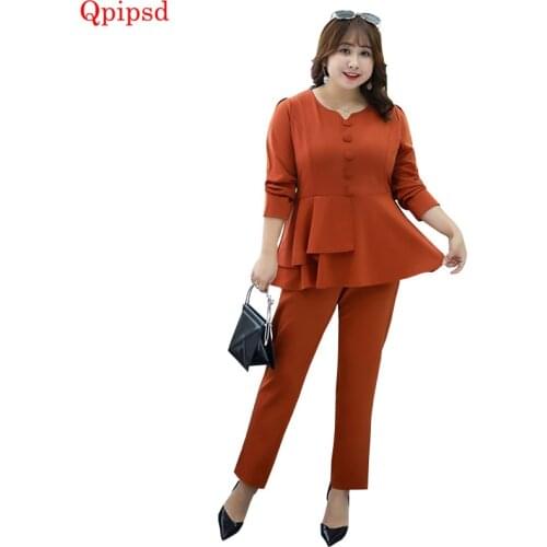 Large Size Womens Clothing 2020 Spring Autumn Fashion 2 Piece Suit Set Womens Solid Slim Suit Female Loose Tops+long Pants Suits