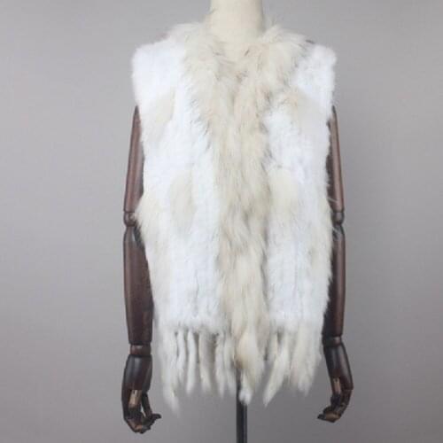 Women genuine natural real rabbit fur vest coat tassels raccoon fur collar waistcoat/jackets classic woven knitted warm female