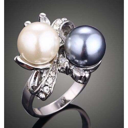 Fashion Creative Small Rhinestones Two Imitation Pearls Statement Ring Women