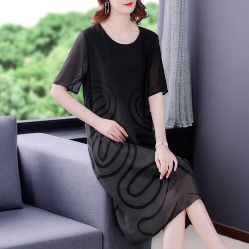 Summer Vintage 5XL Plus Size Chiffon Midi Dresses Elegant Casual Print Mulberry Silk Sundress 2021 Women Bodycon Party Vestidos