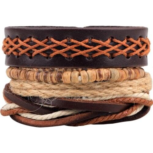 4pcs/set Hippie Punk Dark Brown Leather Hemp Rope Cord Beige Wood Beads Charm Wrap Layers Stackable Wide Bracelets for Man