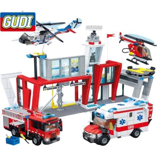 Block GUDI City Fire Station Ambulance Plane Car MOC Building Blocks Bricks Kits Assembled Educational Toys For Children Gifts