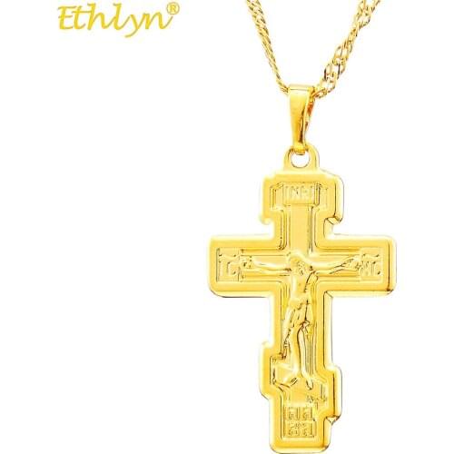 Ethlyn High Quality Womens Christian Jesus Necklace Chain Pendant Cross Gold Color Men Necklace for Women Best Gift P215