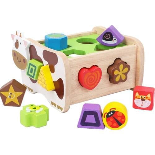 Wooden 12 Geometric Animal Blocks Matching Sorting Puzzle Game Color Shape Recognition Educational Toys for Kids
