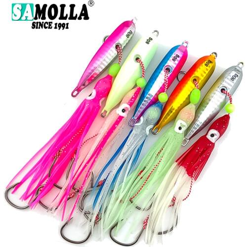 Jig Fishing Lure Weights40-80g Jigging Metal Sinking Saltwater Lures Luminous Squid Hook Soft Bionic Bait Peche Pike Fish Tackle