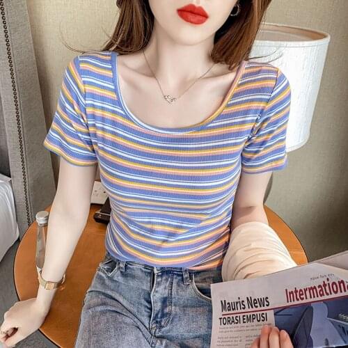 Summer New Tshirt Korean Fashion Female Tops new rainbow stripe Short sleeve T Shirt Women Short women clothes Tops