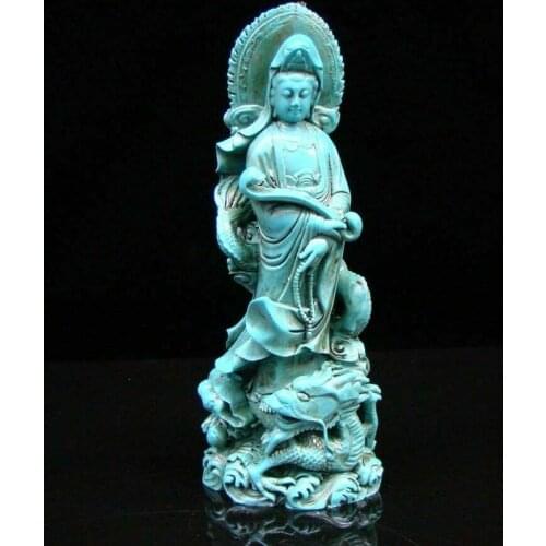Chinese Turquoise Handmade Carved Statue Kwan-yin Dragon RuYi Exquisite