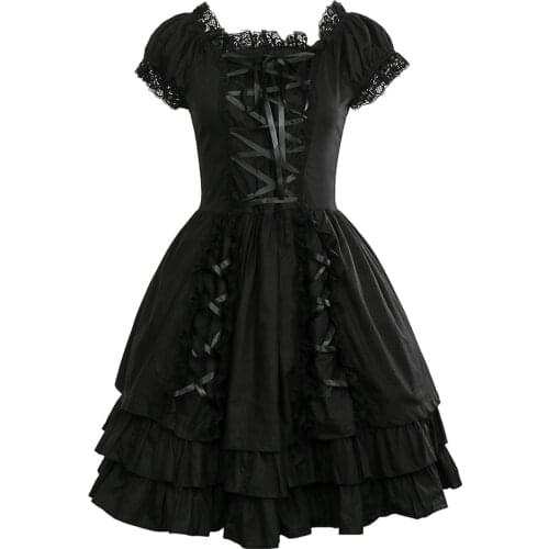 Classic Black LOLITA Dresses for Female Short Sleeves Layered Lace-Up Party Halloween Cosplay Costumes