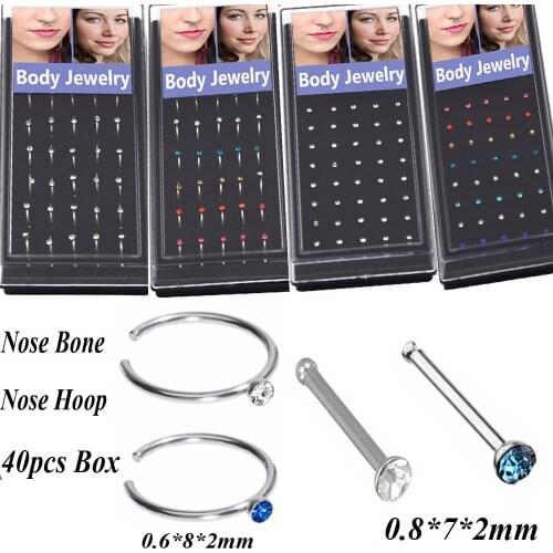 40Pcs Surgical Steel CZ Gem Nose Bone Rings Piercing Nose Stud Retainer Body Jewelry Nose Hoop Ring 20g