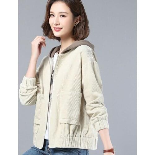 2021 Spring Women Corduory Jacket Hooded Coat Zipper Autumn Long-sleeve Pockets Solid Color Plus Size Loose Casual Female Coat