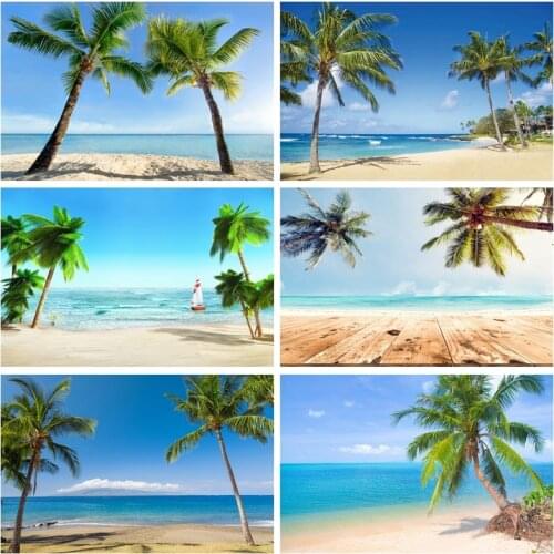 Laeacco Tropical Palms Tree Sea Beach Sand Blue Sky Baby Holiday Scenic Photo Background Photographic Backdrops For Photo Studio
