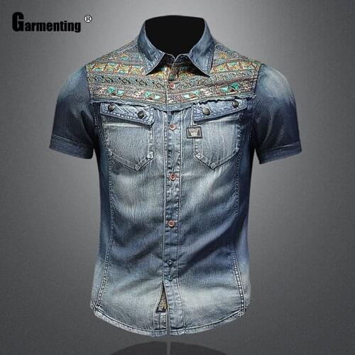 Fashion Tops 2021 Summer Short Sleeve Model New Patchwork Mens Denim Shirt Casual Slim Jean Denim Blouse Sexy Men Clothing