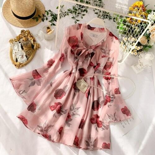 2020 new fashion womens dresses Holiday summer flare sleeve tie irregular floral chiffon