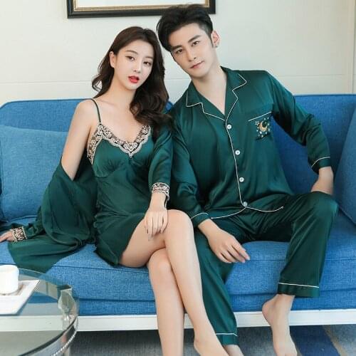 Couples Print Pajamas Suit Shirt&Pants Silky 2PCS Sleep Set Kimono Bathrobe Gown Casual Bridal Wedding Gift Nightwear Homewear