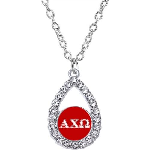 Clear transparent enamel ALPHA CHI O sticker label Greek society sorority Rhinestone pendant necklace